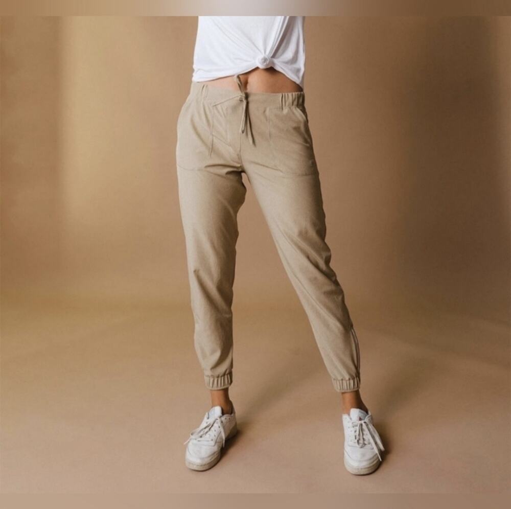 Albion Pants Womens Large Khaki Heather Tan Jetsetter Jogger Ankle Zip Sporty - Picture 1 of 12
